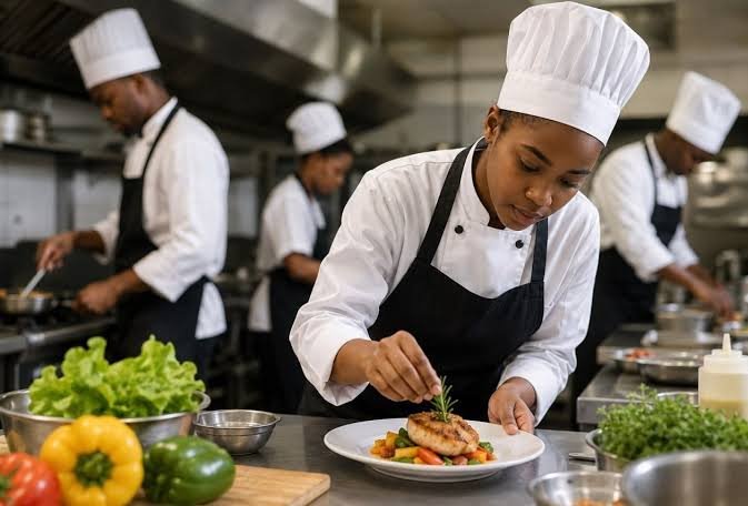 Students learning to prepare African food during a hands-on cooking class